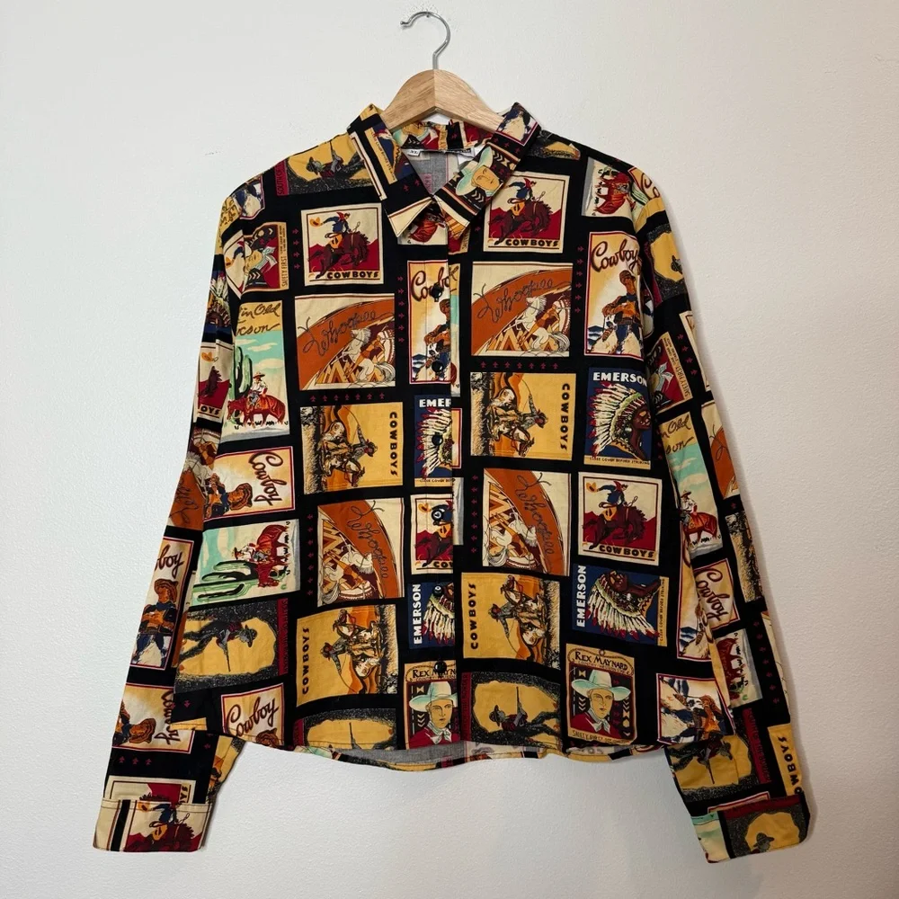 Vintage Made in USA 100% Cotton Cowboy Western Button Down post card print XL - Picture 1 of 7